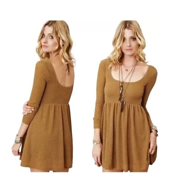 Free People Day & Night Gold Metallic Babydoll Mini Dress Long Sleeve S EUC - Picture 1 of 11